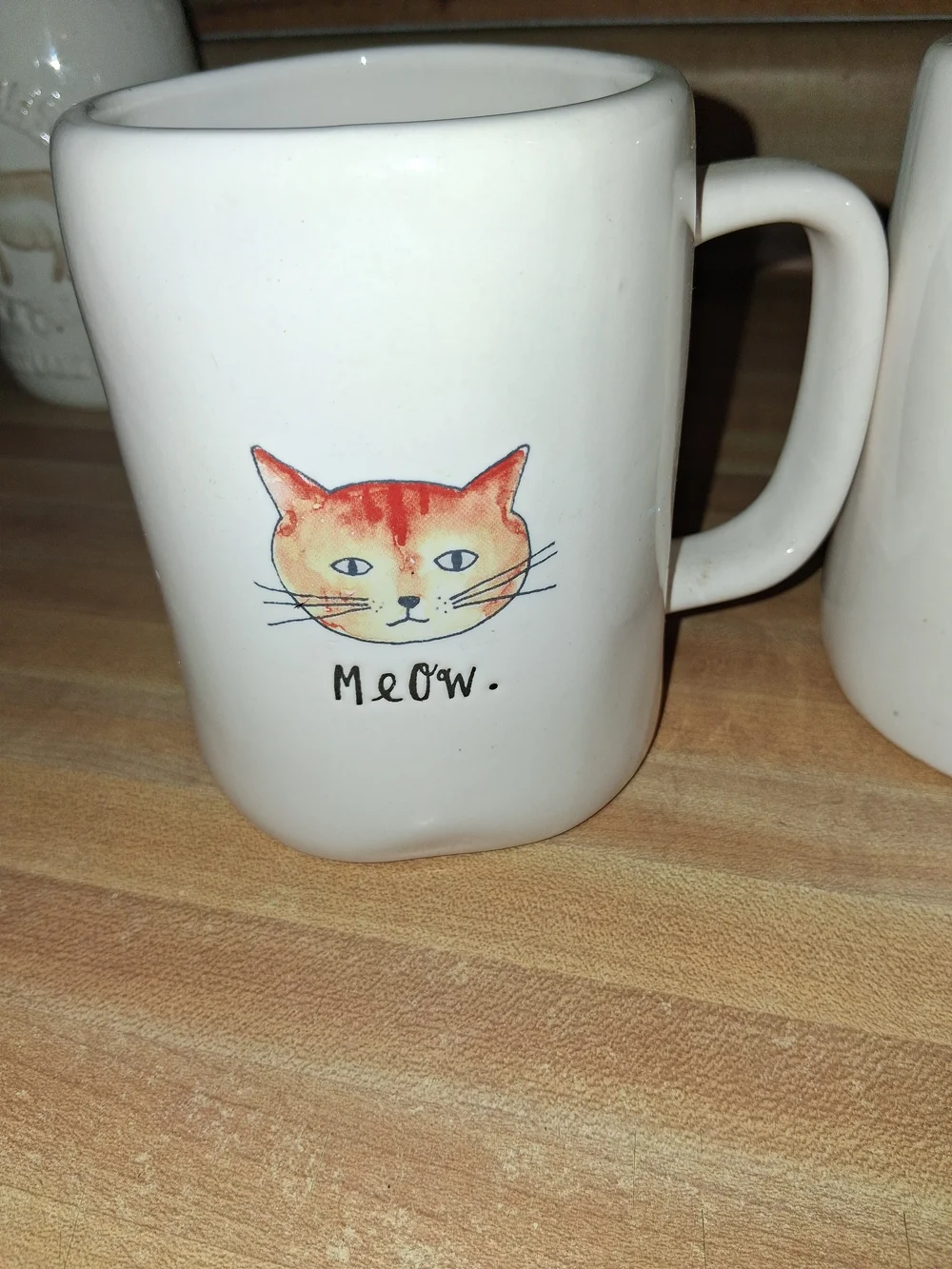 Rae Dunn White Ceramic Cat Mugs with Orange & Light Gray Faces (Set of 2)